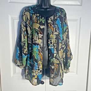 Chicos Kimono Women 2/Large Black Blue Green Art To Wear Silk Open Front City